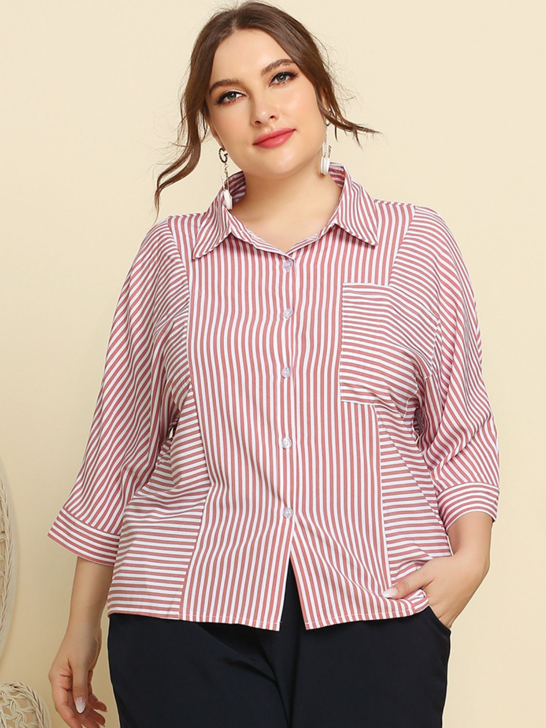 Plus Size Striped Three-Quarter Sleeve Shirt Pink