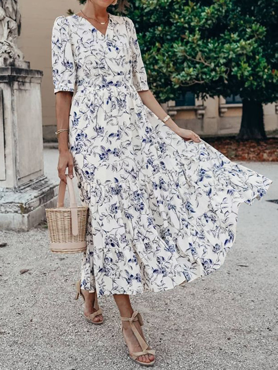 Ruched Tiered Floral Half Sleeve Dress White