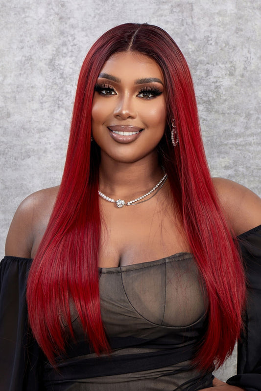 13*2" Lace Front Wigs Synthetic Straight 26" 150% Density Red Ombre One Size