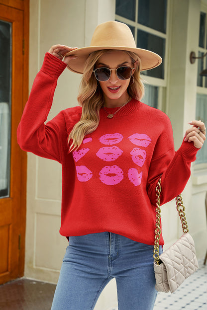 Contrast Lip Pattern Round Neck Slit Sweater Deep Red