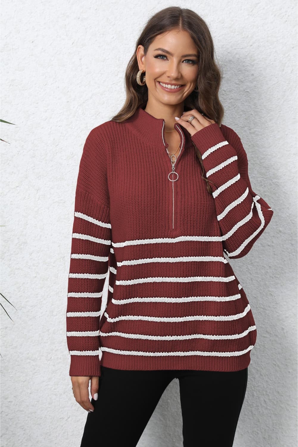 Mock Neck Long Sleeve Zip-Up Sweater Burgundy One Size