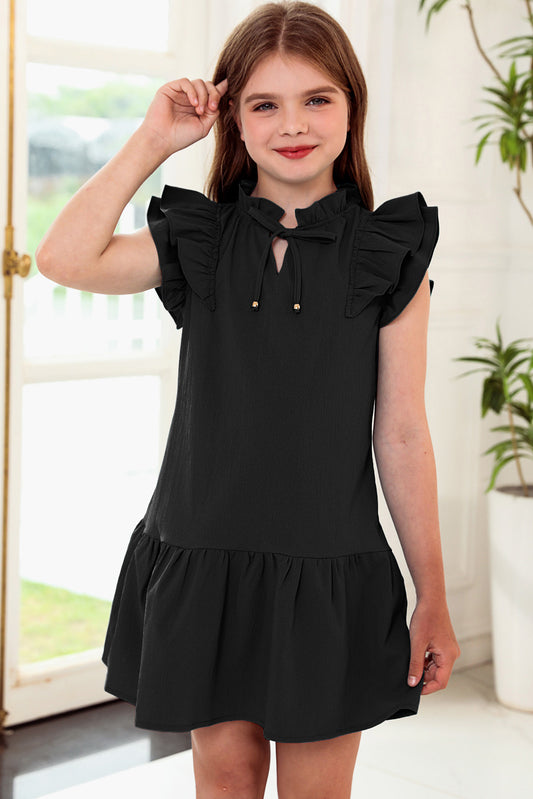 Tie Neck Flutter Sleeve Dress Black