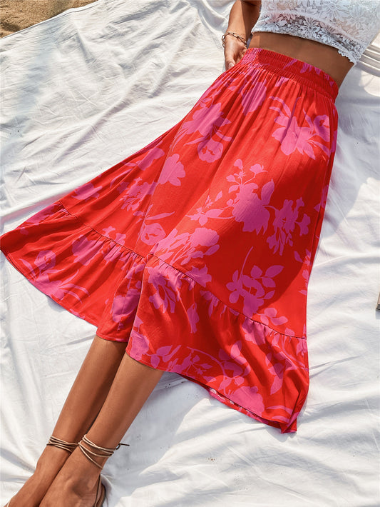 Printed Elastic Waist Skirt Red