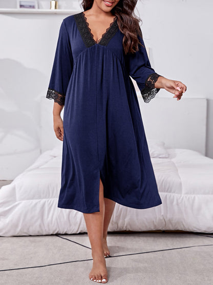 Plus Size Lace Detail V-Neck Lounge Dress Dark Navy