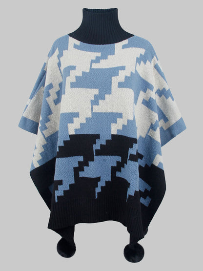 Turtleneck Pom-Pom Trim Poncho Misty Blue One Size