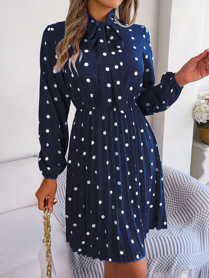 Polka Dot Tie Neck Pleated Dress Dark Blue