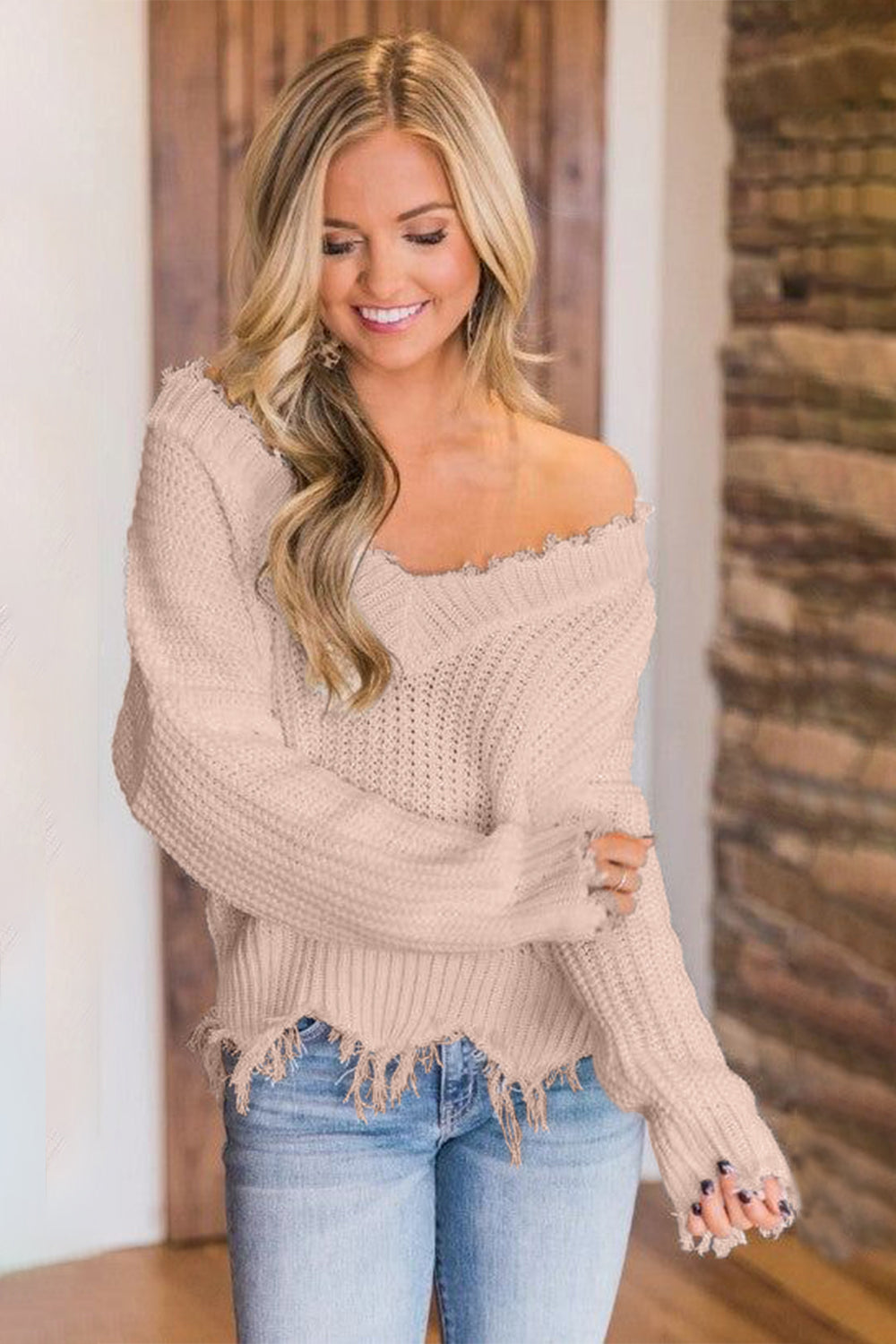 Frayed Hem Dropped Shoulder Sweater Dusty Pink