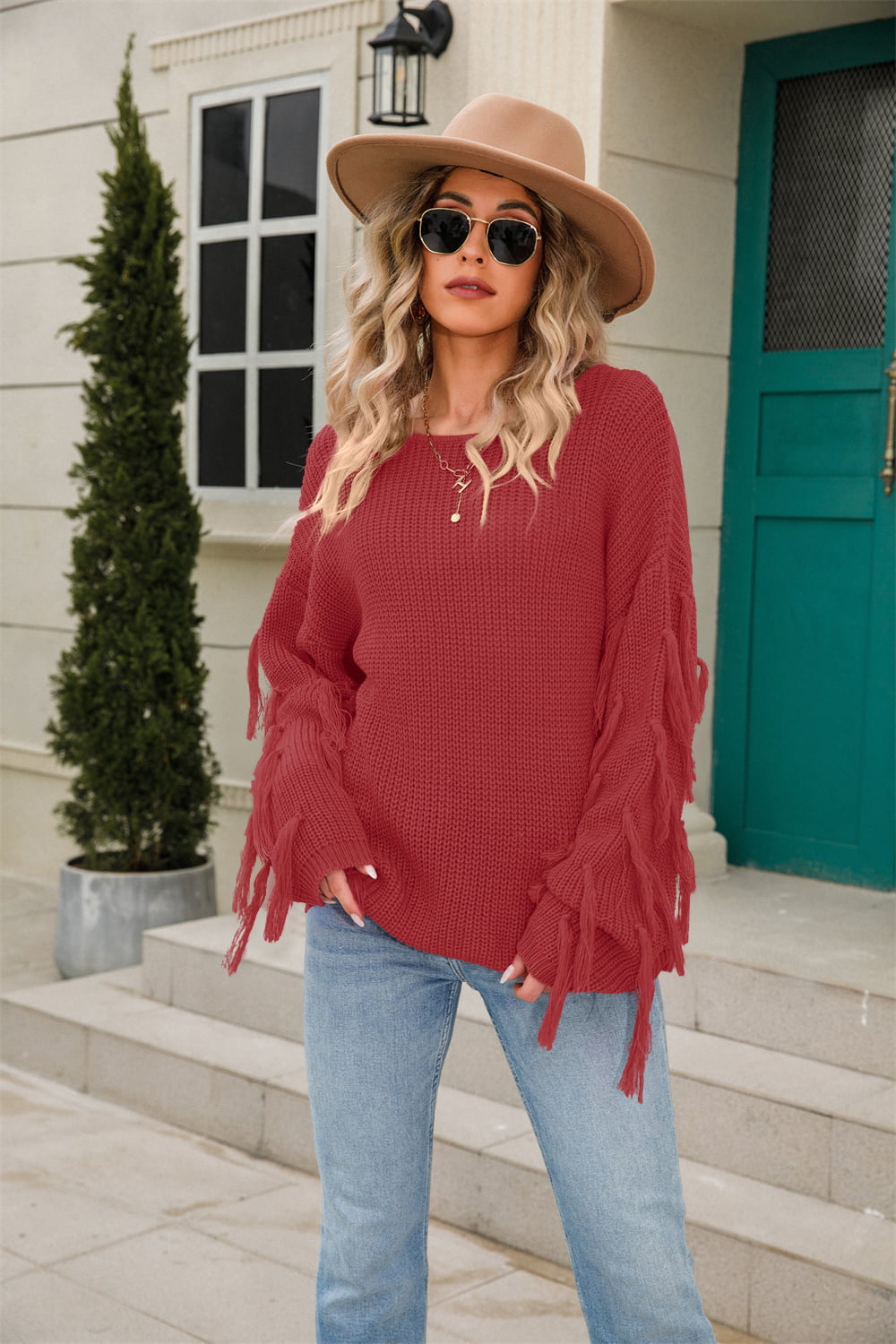 Ribbed Round Neck Fringe Detail Sweater Ochre