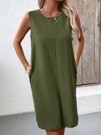 Pocketed Round Neck Sleeveless Mini Dress Army Green