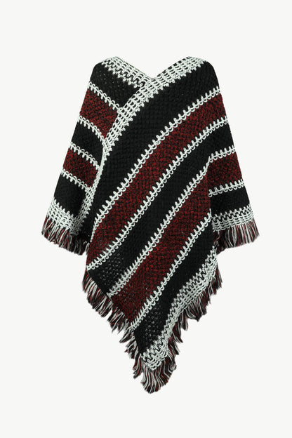 V-Neck Fringe Hem Poncho Black One Size