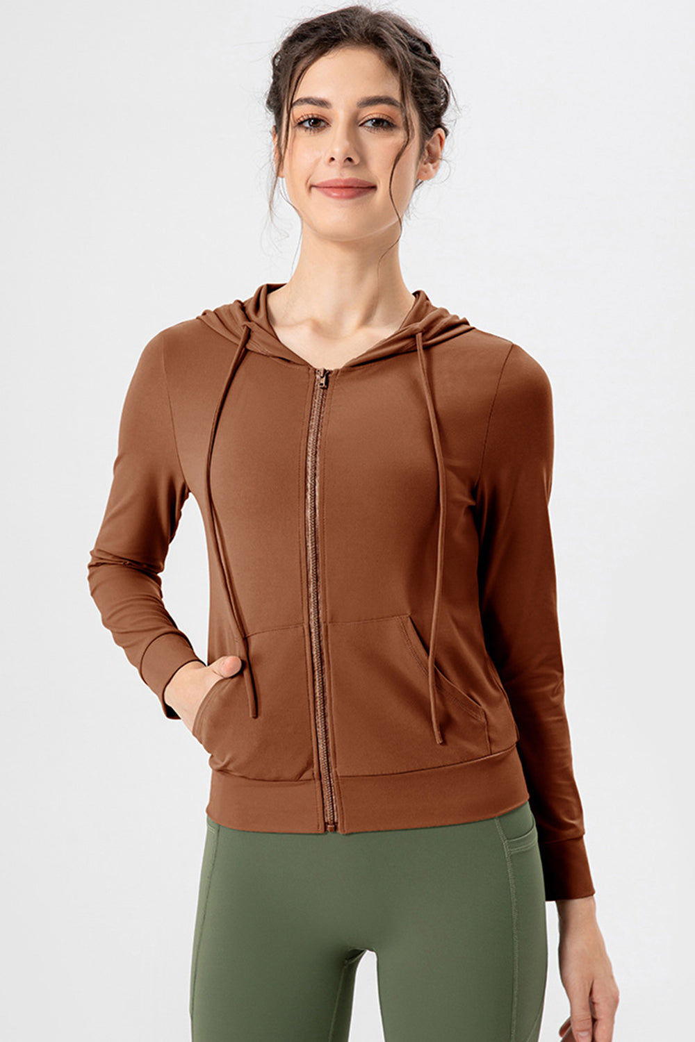 Drawstring Zip Up Hooded Active Outerwear Brown