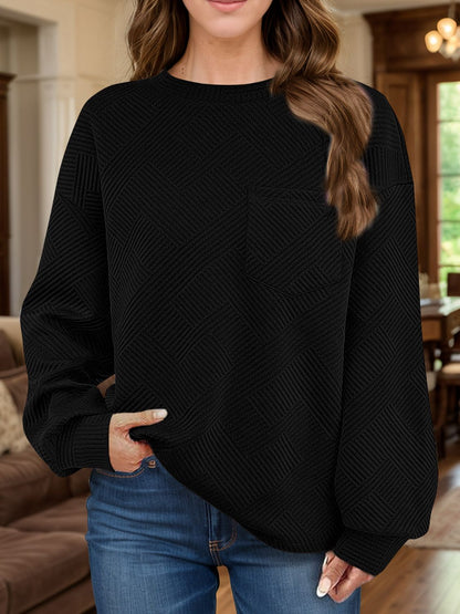 Full Size Texture Round Neck Long Sleeve Sweatshirt Black