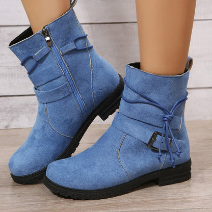 Suede Side Zip Round Toe Boots Sky Blue