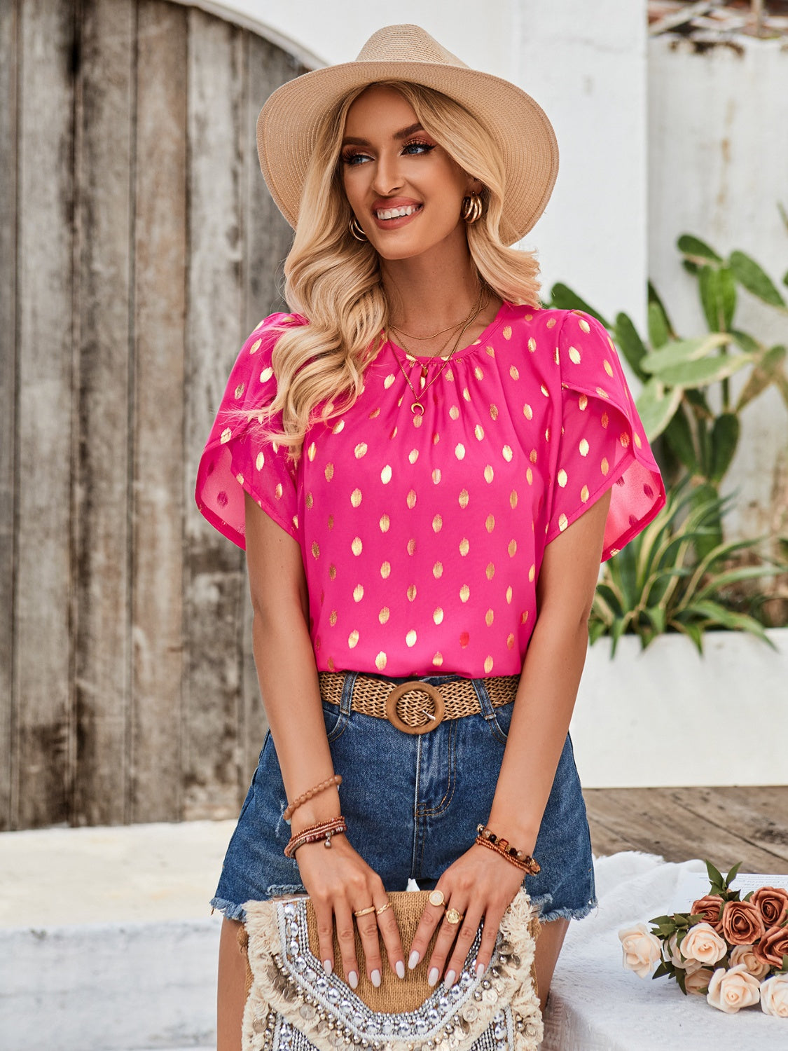 Printed Round Neck Petal Sleeve Blouse Hot Pink