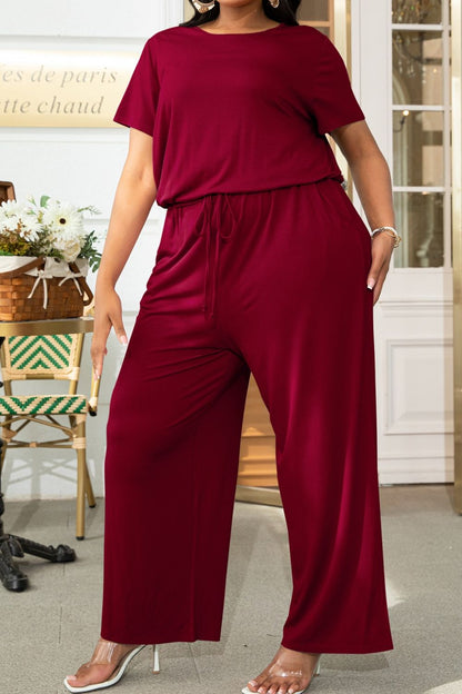 Plus Size Drawstring Waist Short Sleeve Jumpsuit Wine