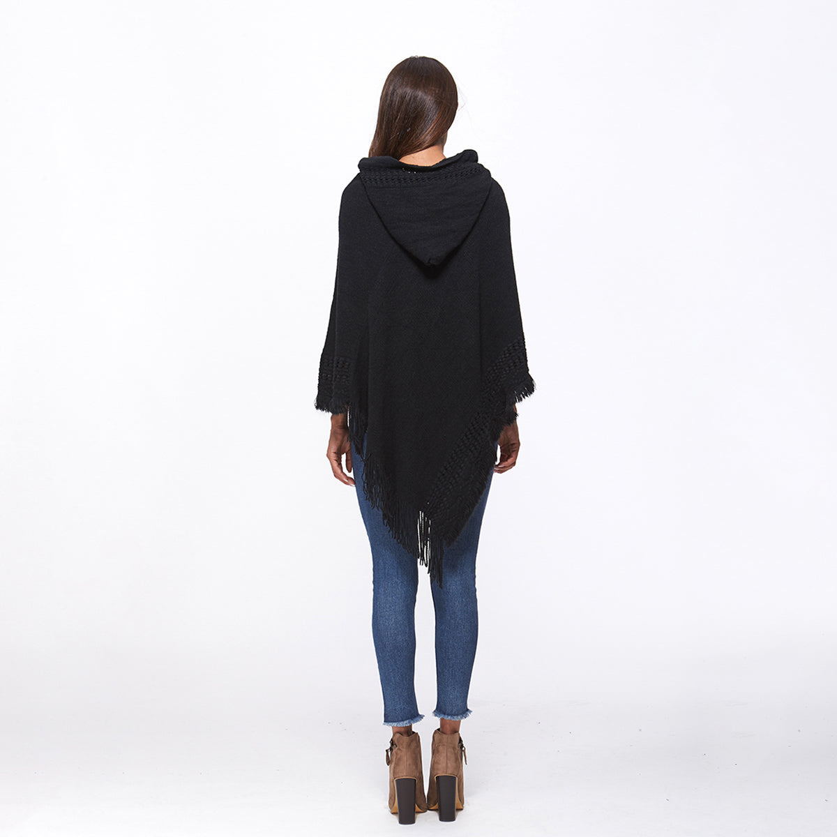 Openwork Fringe Hem Hooded Poncho - Thandynie