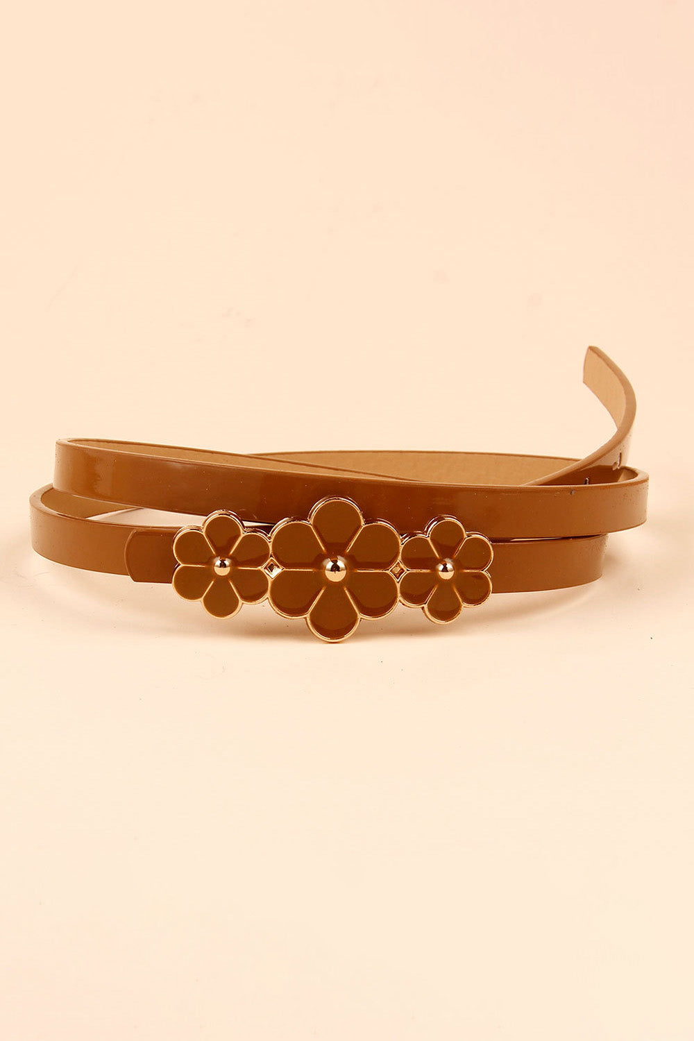 Flower Decor Skinny PU Belt Caramel One Size