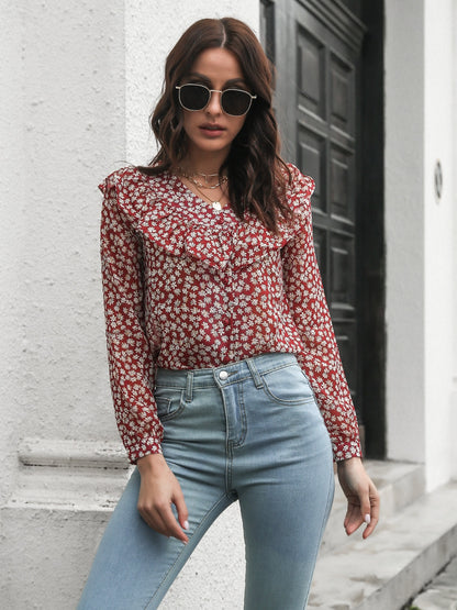 Printed Statement Collar Long Sleeve Blouse Deep Red