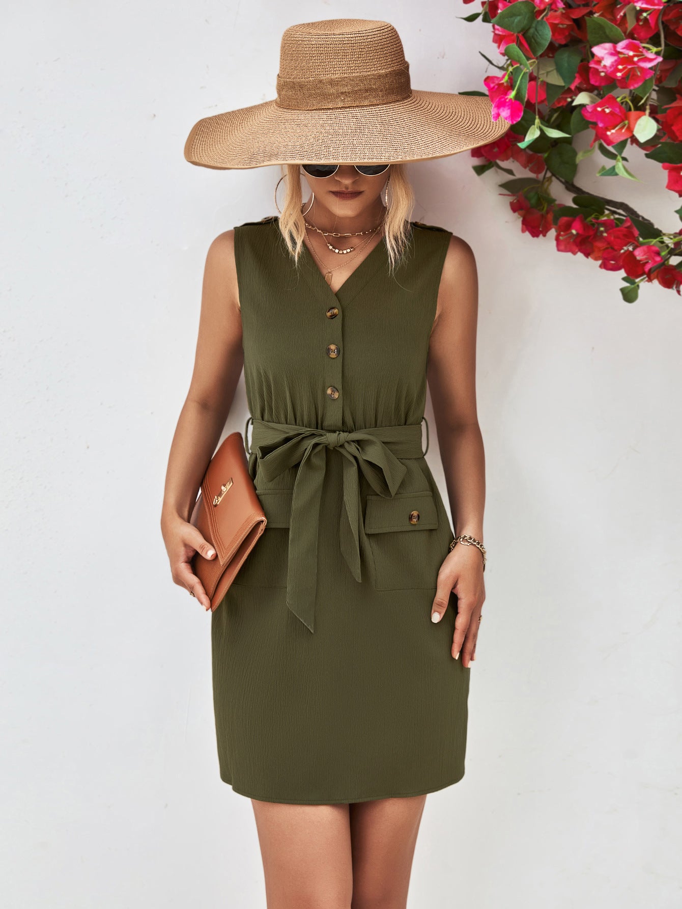 Buttoned V-Neck Belted Sleeveless Dress Army Green