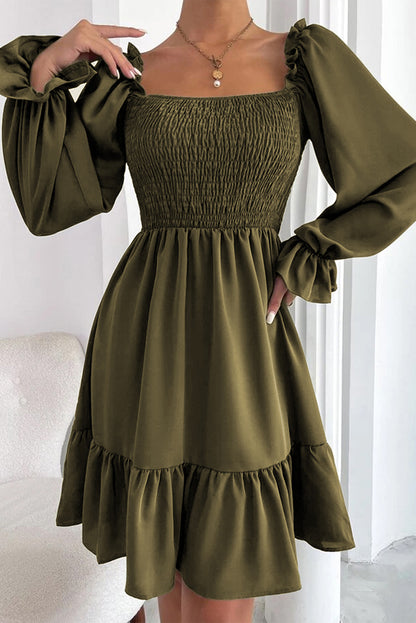 Smocked Square Neck Flounce Sleeve Mini Dress Army Green