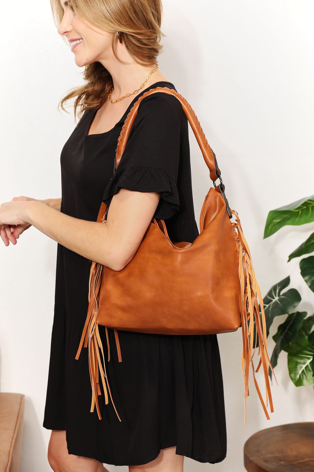 SHOMICO PU Leather Fringe Detail Shoulder Bag Caramel One Size