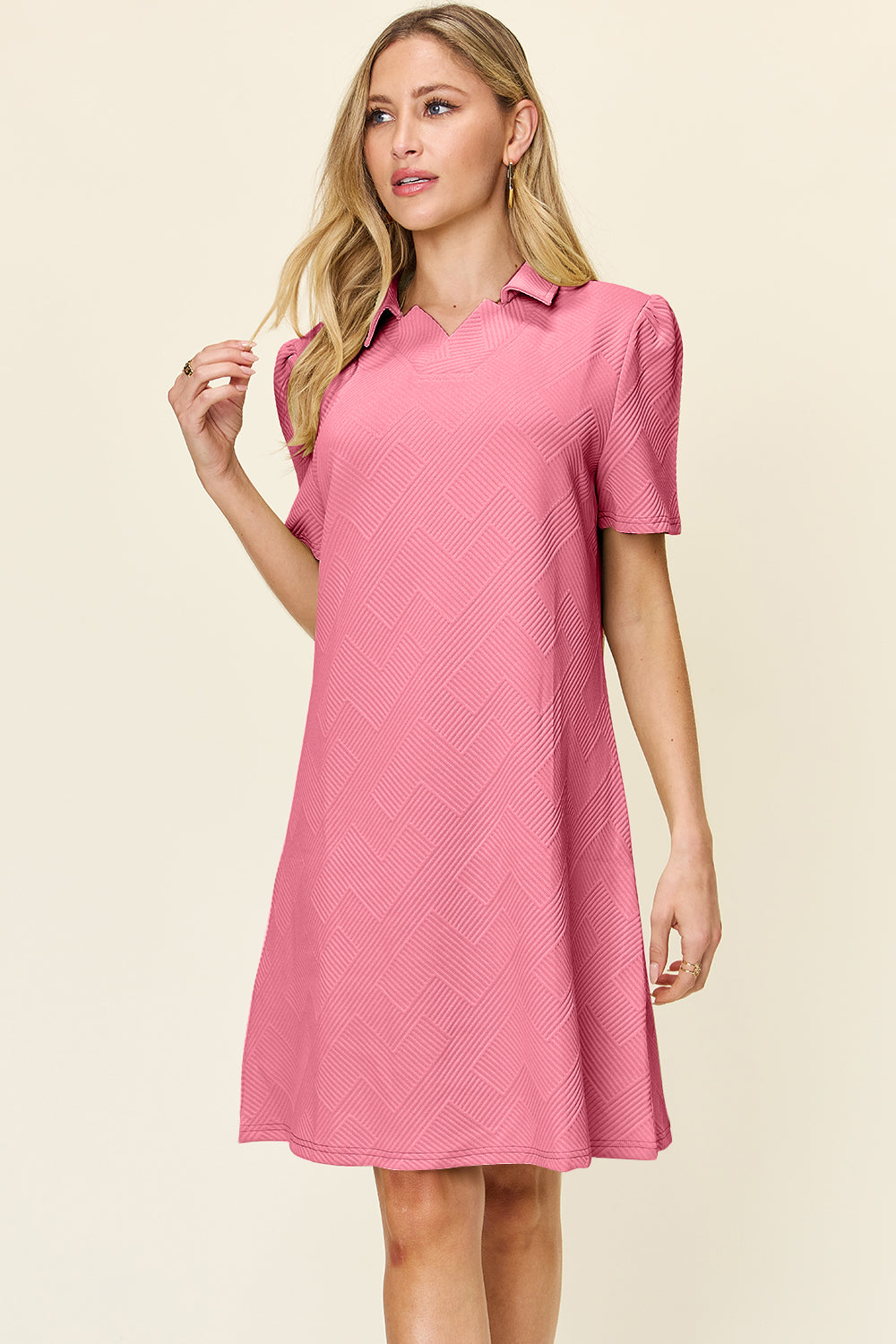 Double Take Full Size Texture Collared Neck Short Sleeve Dress Pink S