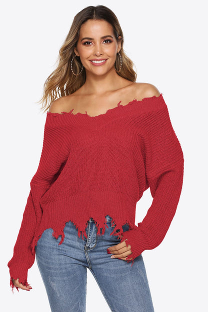 Off-Shoulder Ribbed Long Sleeve Raw Hem Sweater Red