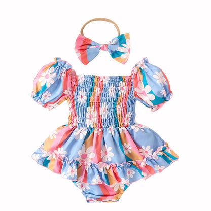 Bubble Sleeve Colorful Flower Romper Triangle Jumpsuit Lake Blue