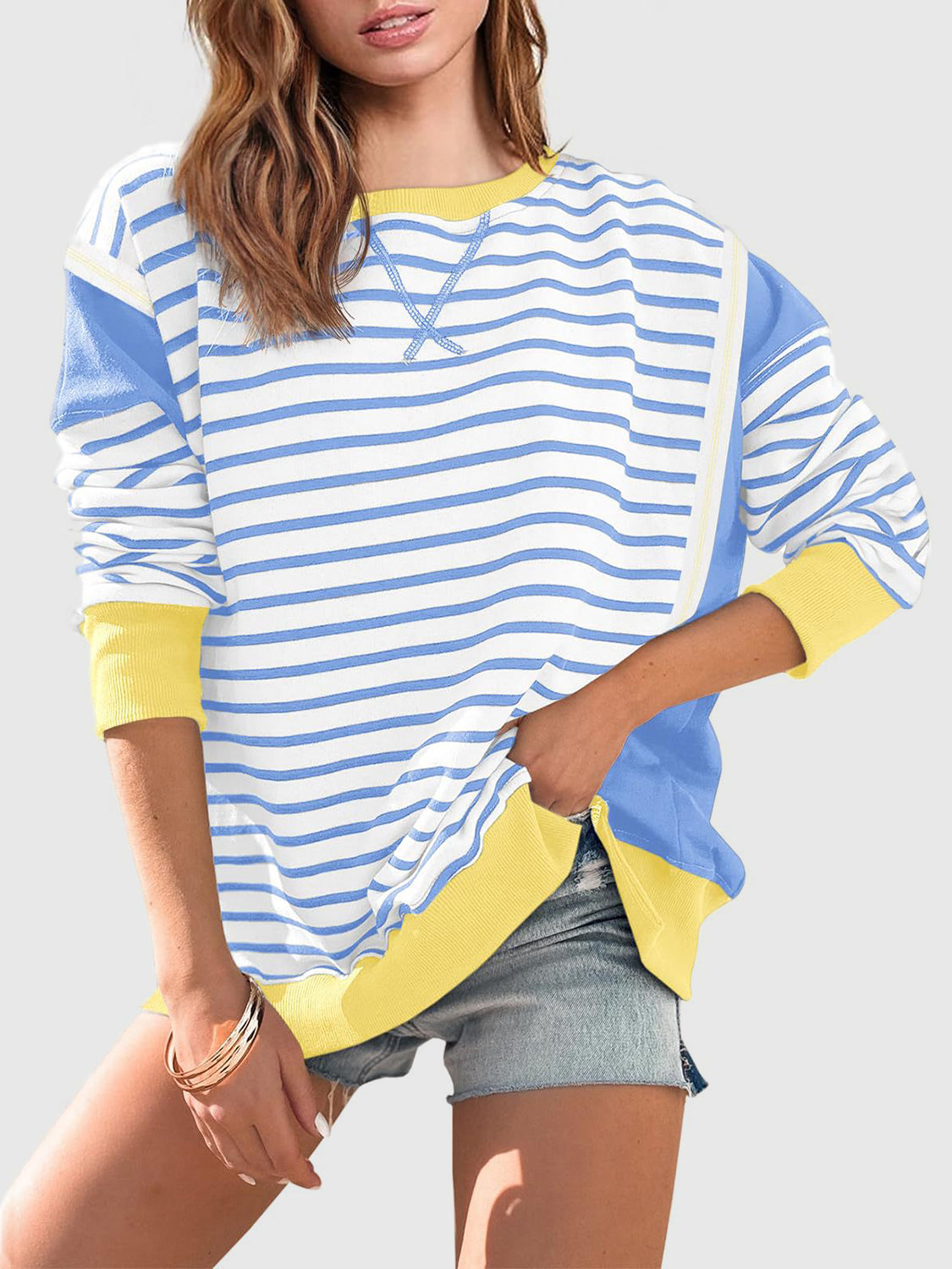 Slit Exposed Seam Striped Long Sleeve Sweatshirt Yellow