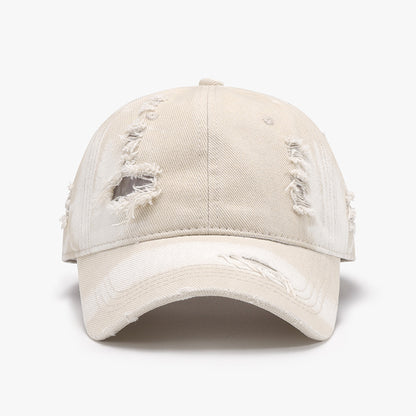 Distressed Adjustable Cotton Baseball Cap Ivory One Size