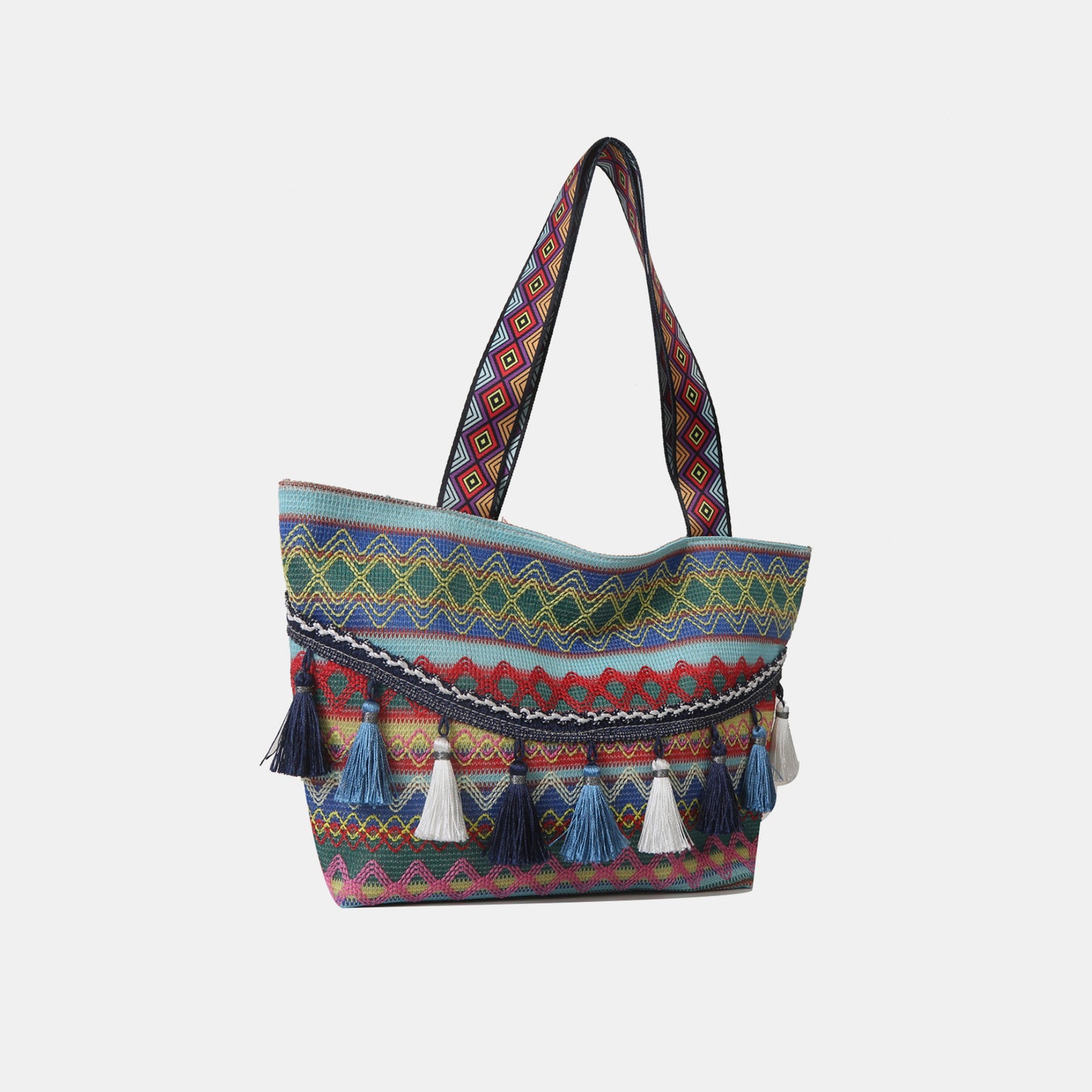 Printed Tassel Detail Tote Bag Teal One Size