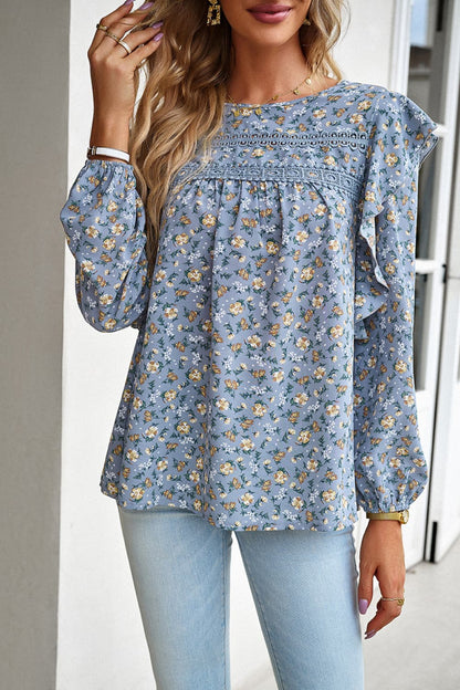 Printed Round Neck Long Sleeve Blouse Cloudy Blue