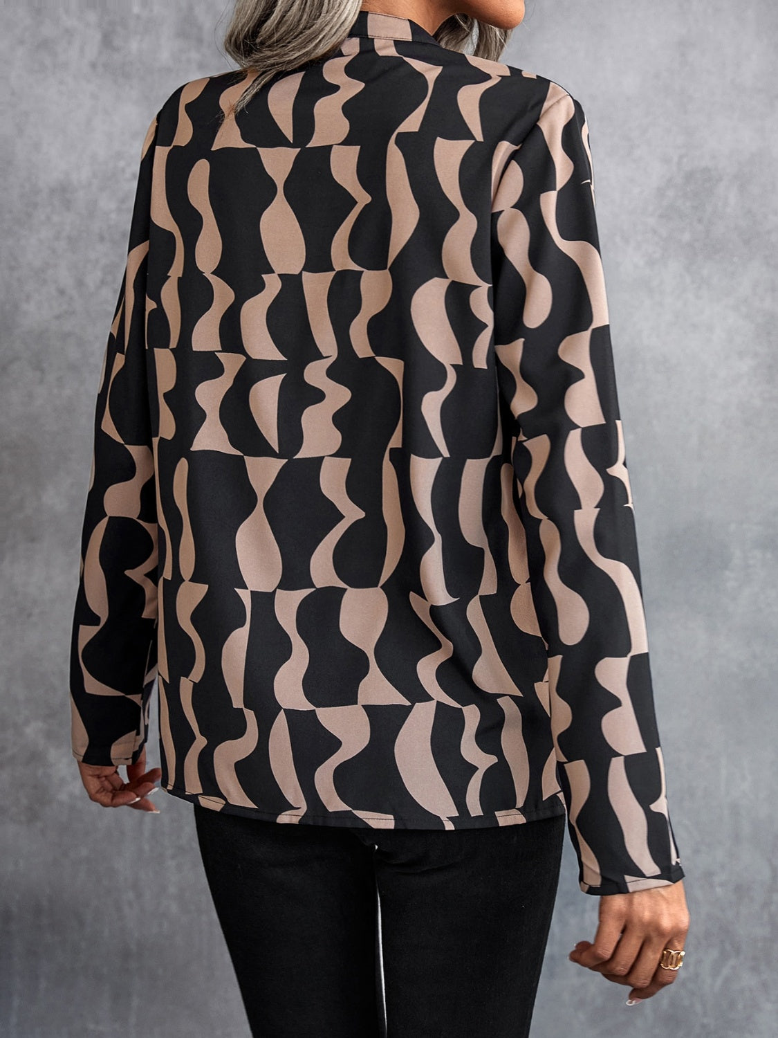 Printed Notched Long Sleeve Blouse - Thandynie