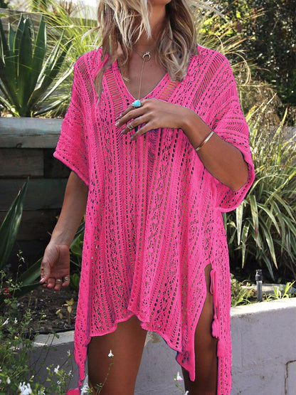 Cutout V-Neck Cover-Up with Tassel Hot Pink One Size