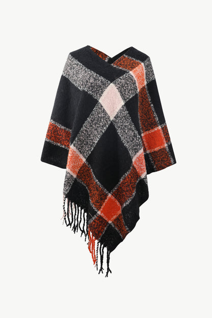 Plaid Fringe Detail Poncho Black One Size