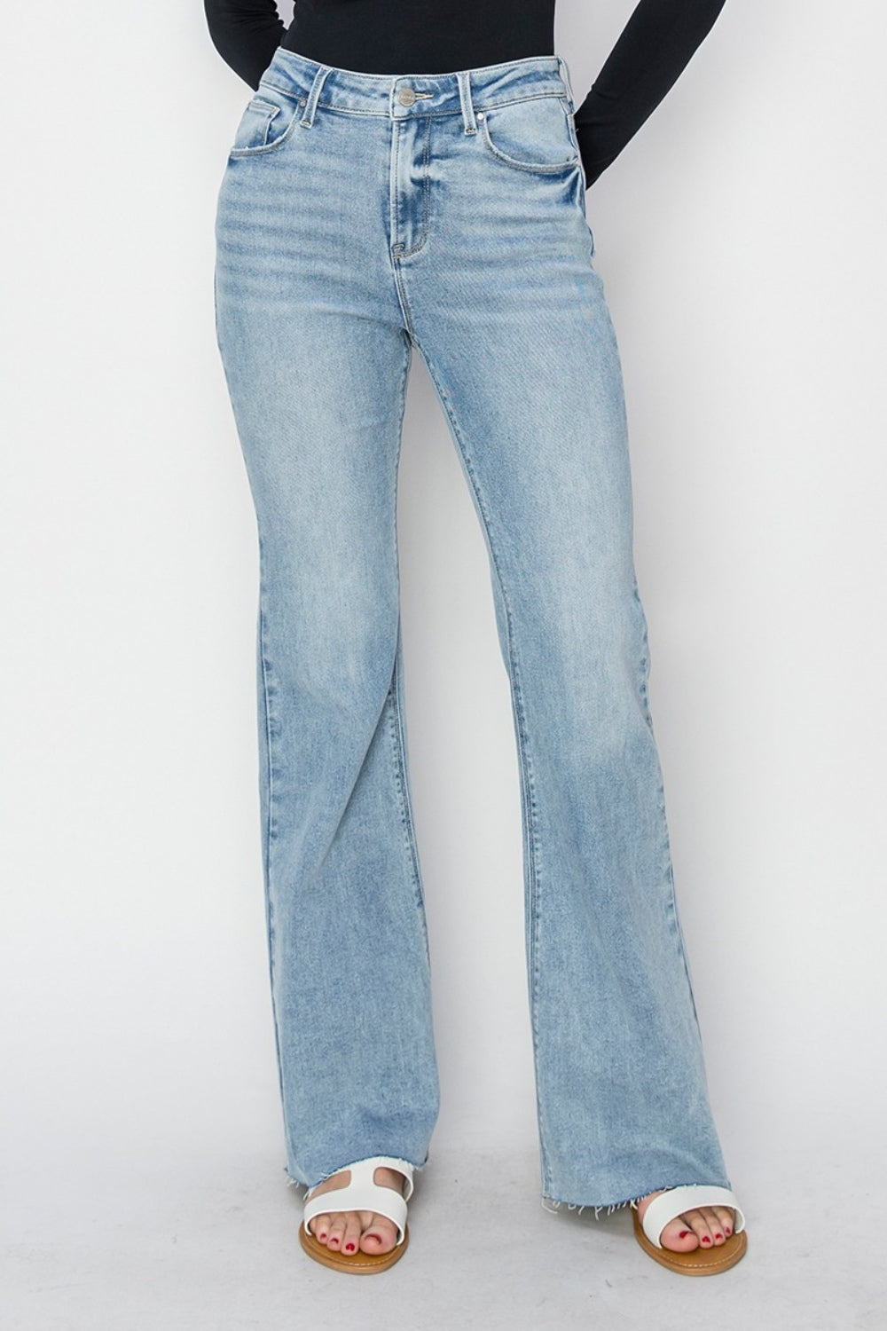 RISEN Full Size High Rise Raw Cut Hem Bootcut Jeans Light