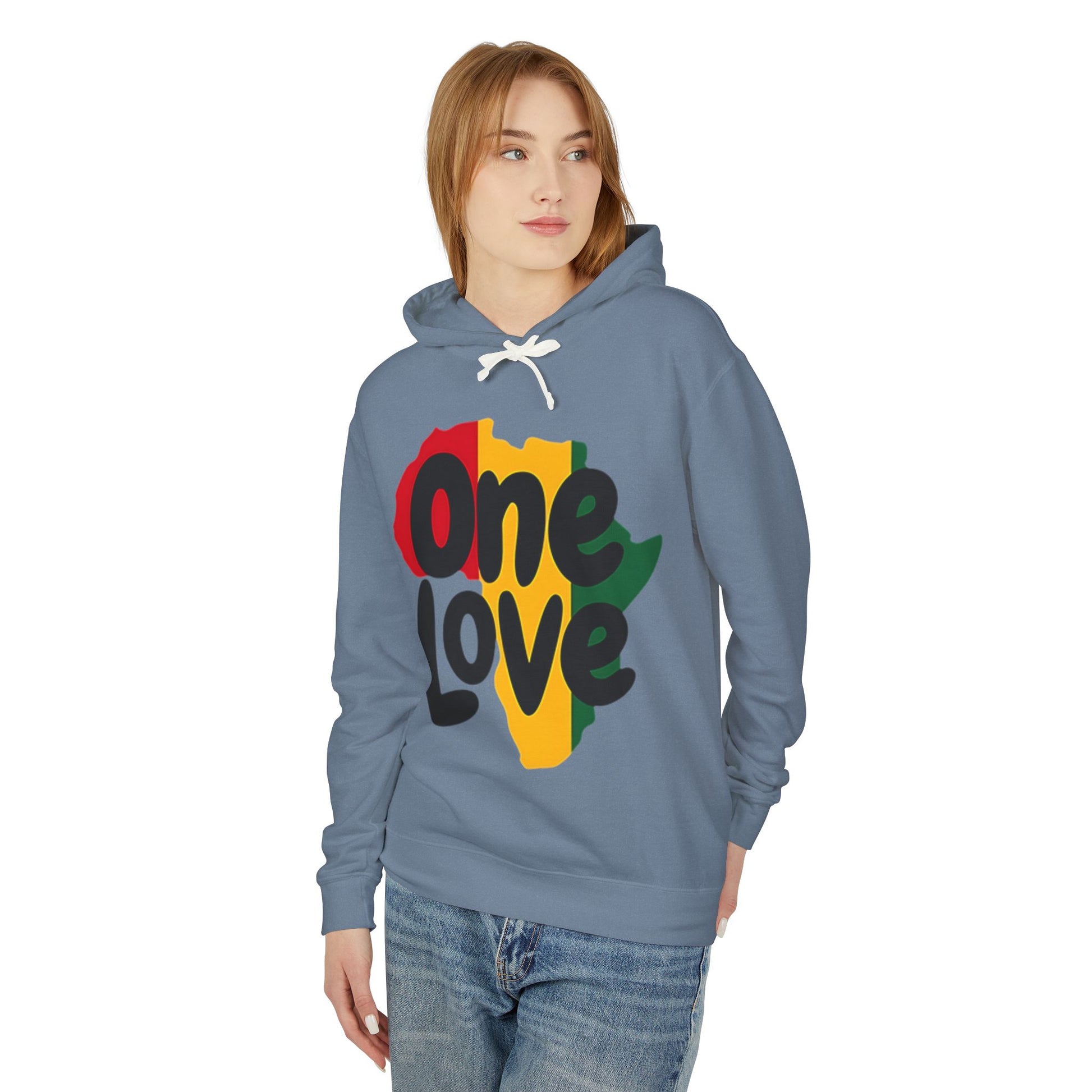 One Love Rasta Lightweight Hooded Sweatshirt - Red Yellow Green Black Color Scheme, Reggae Culture, Positive Vibes, Unity and Peace,