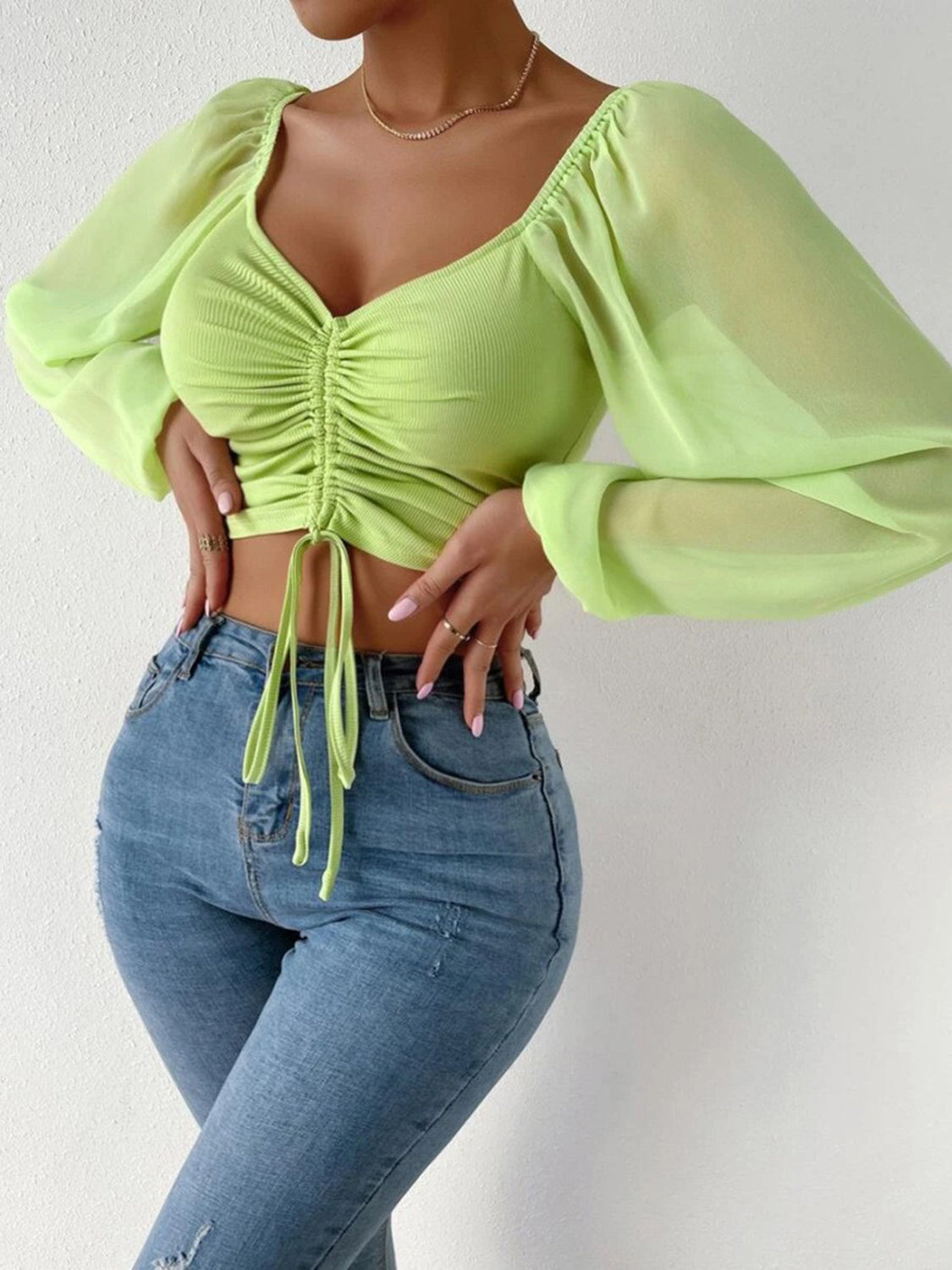 Drawstring Sweetheart Neck Cropped Top Lime