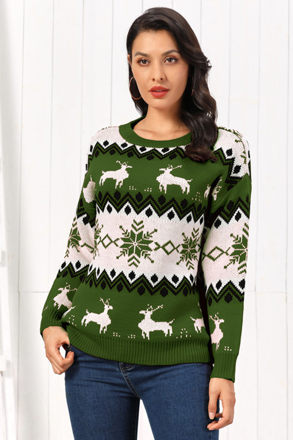 Reindeer Round Neck Sweater Green