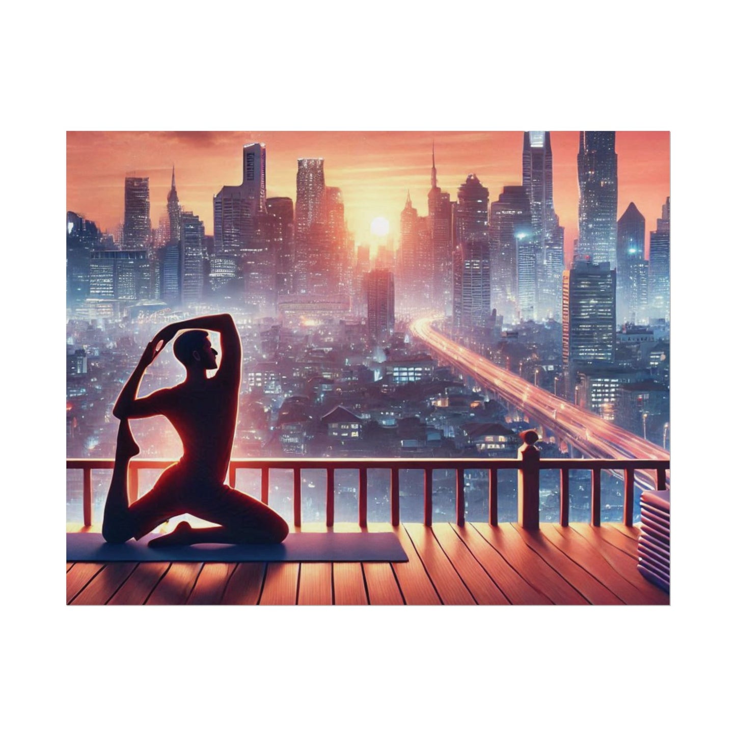 Yoga Poster, Cityscape Sunset Art, Rolled Wall Art, Pink Orange Skyline Decor, Urban Zen Meditation, Rooftop Exercise Print, Relaxation Gift 14″ x 11″ (Horizontal) Matte