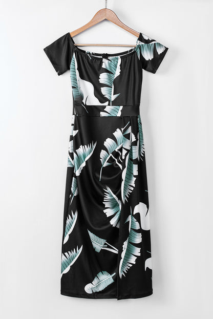 Slit Printed Off-Shoulder Midi Dress Black