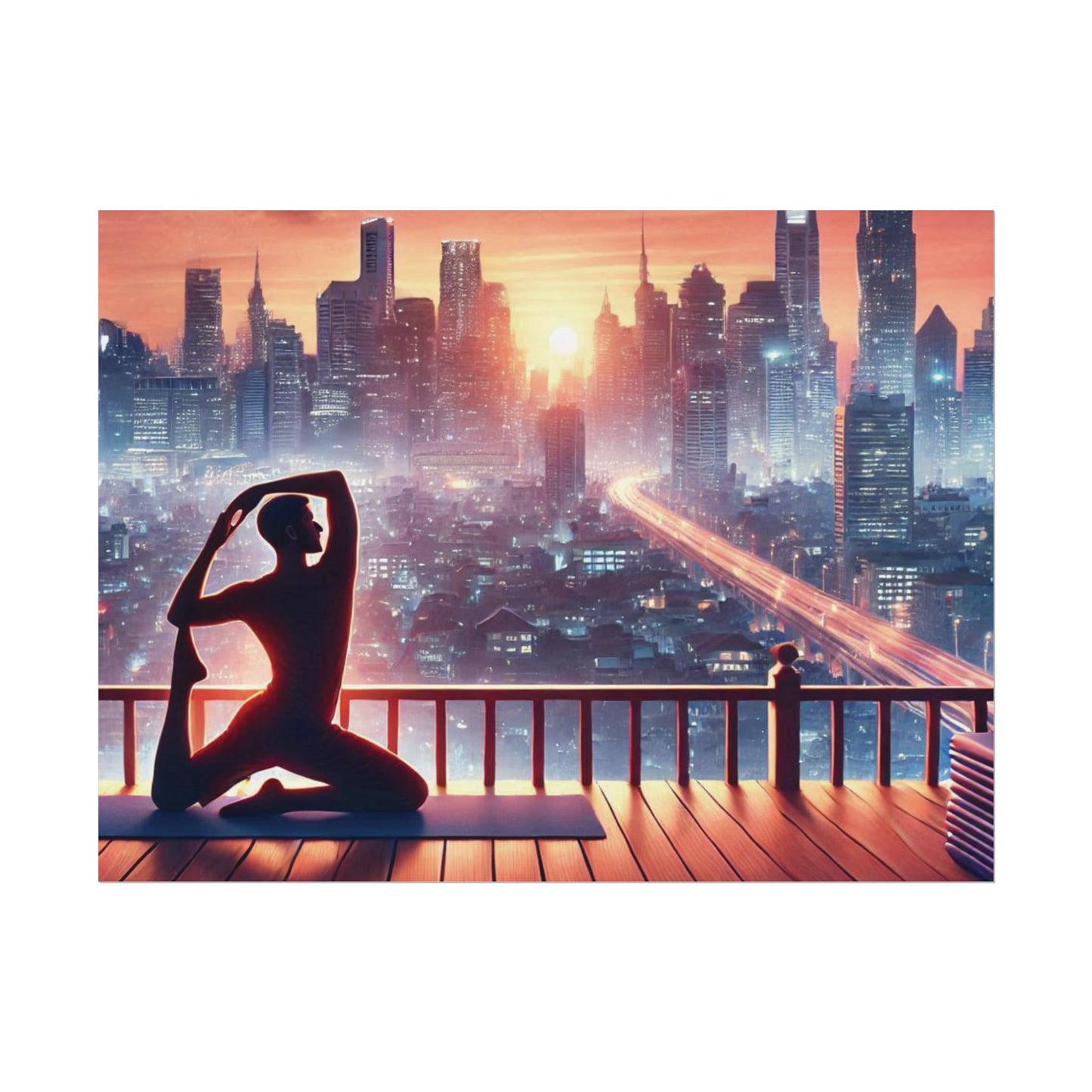 Yoga Poster, Cityscape Sunset Art, Rolled Wall Art, Pink Orange Skyline Decor, Urban Zen Meditation, Rooftop Exercise Print, Relaxation Gift 8" x 6" (Horizontal) Fine Art