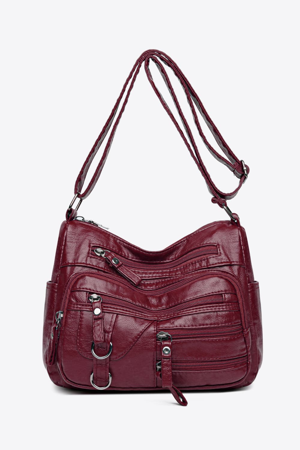 Multi-Pocket PU Leather Crossbody Bag Burgundy One Size