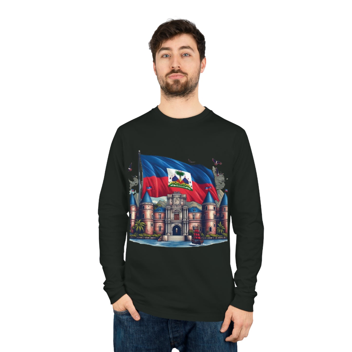 Haitian Flag Long Sleeve Tee, Citadelle Laferrière Design, Organic Cotton Shirt, Unisex Top, Holiday Gift