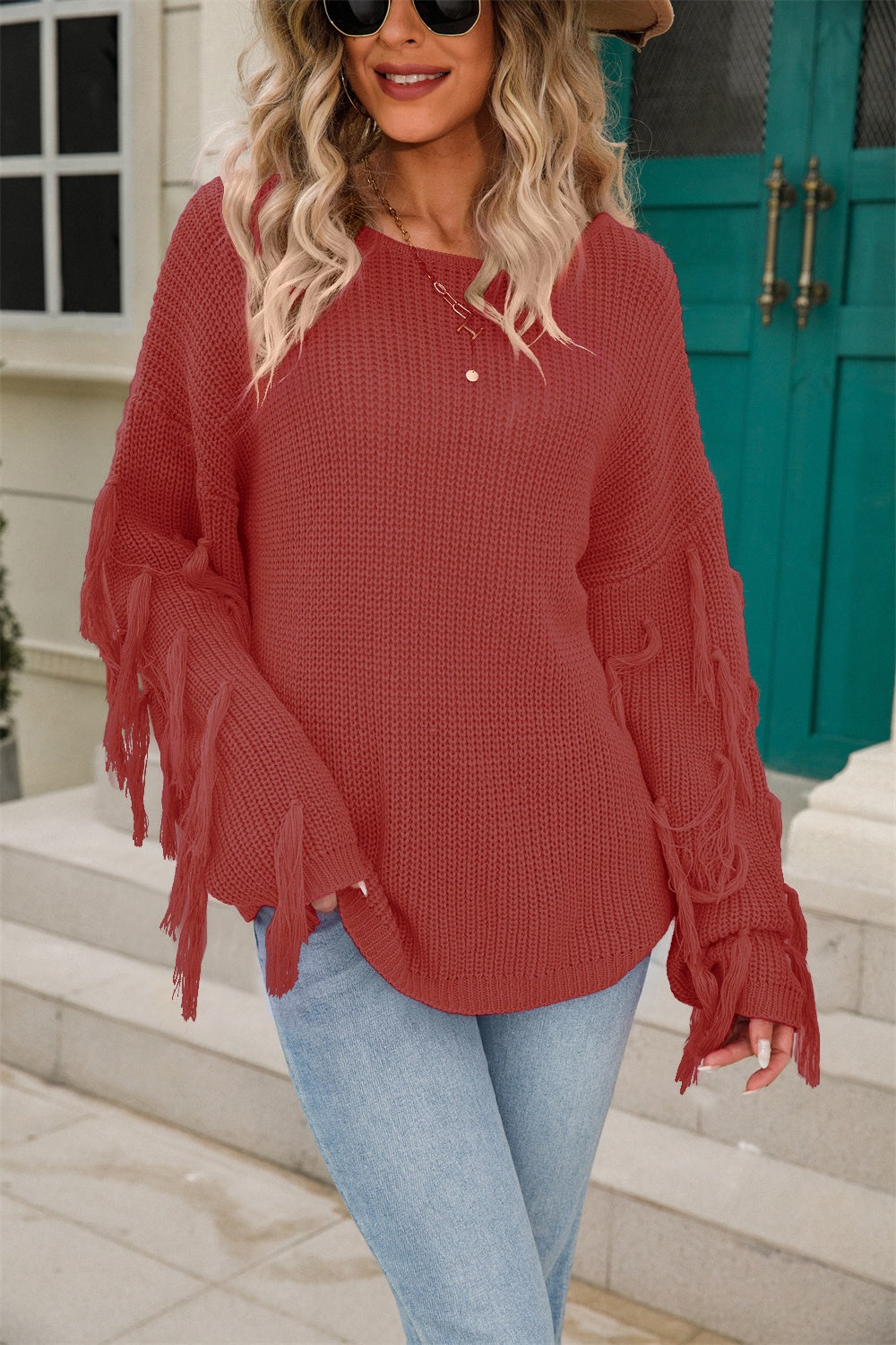 Fringe Round Neck Dropped Shoulder Sweater Rust