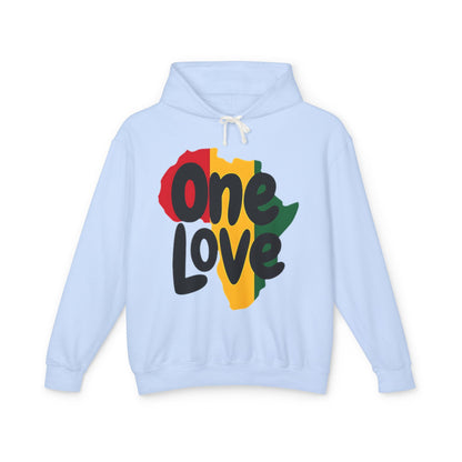 One Love Rasta Lightweight Hooded Sweatshirt - Red Yellow Green Black Color Scheme, Reggae Culture, Positive Vibes, Unity and Peace, Hydrangea