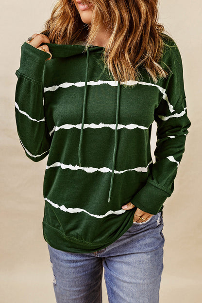 Drawstring Striped Dropped Shoulder Hoodie Dark Green