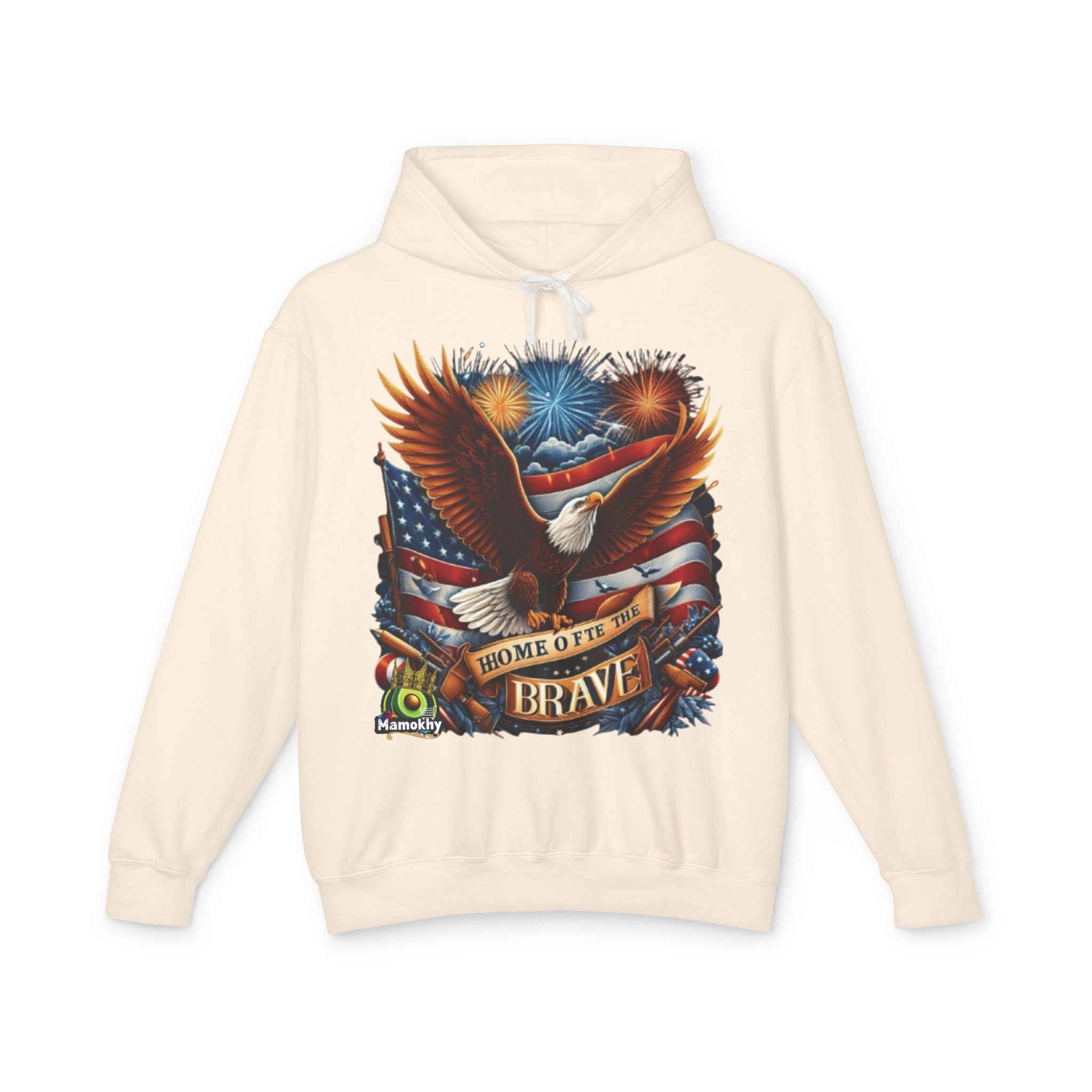 Hooded Sweatshirt - 'Home of the Brave' Bald Eagle Fireworks Illustration Ivory