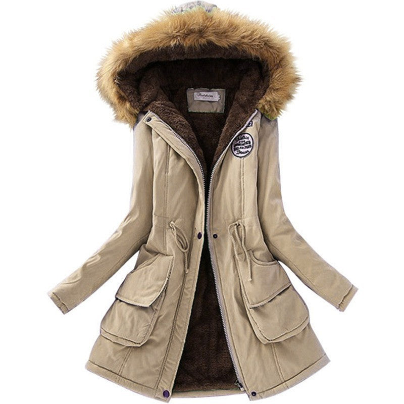 Long Women's Cotton-Padded Jacket With Wool Collar Khaki