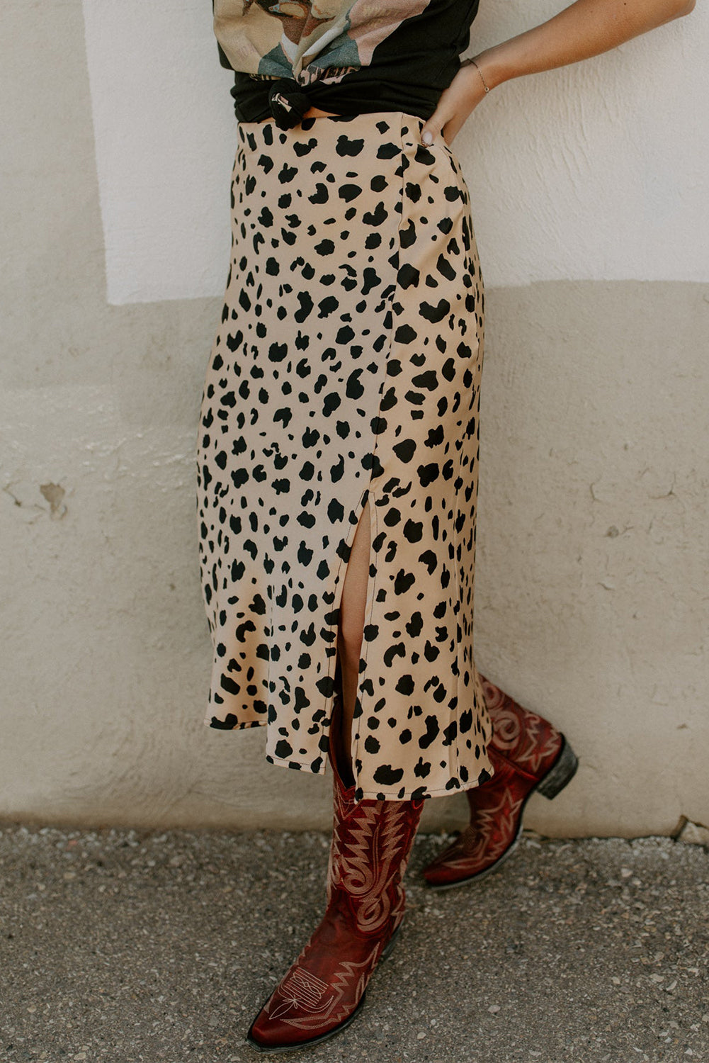 Khaki Leopard Spots Printed Split Hem Midi Skirt Khaki 100%Polyester